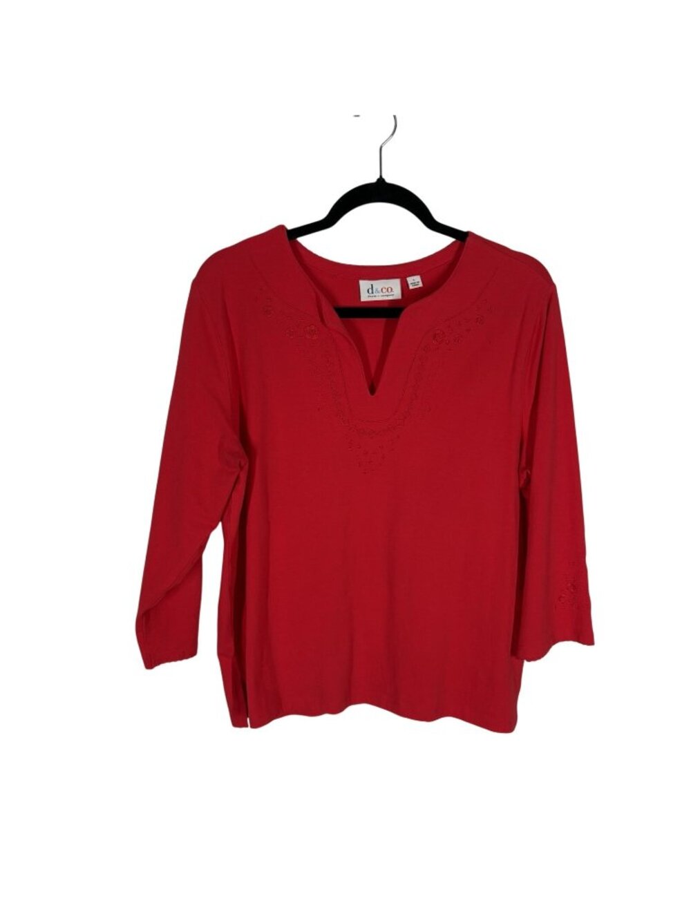 Denim & Co. Women L Red Stretch Embroidered Split Neck 3/4 Sleeve Pullover Top